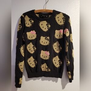 Sanrio Black Sweater with Gold Hello Kitty Faces and Pink Bows